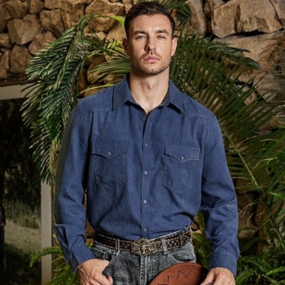 Cowboy Button Up Shirt Long Sleeve with Two Pockets Blue